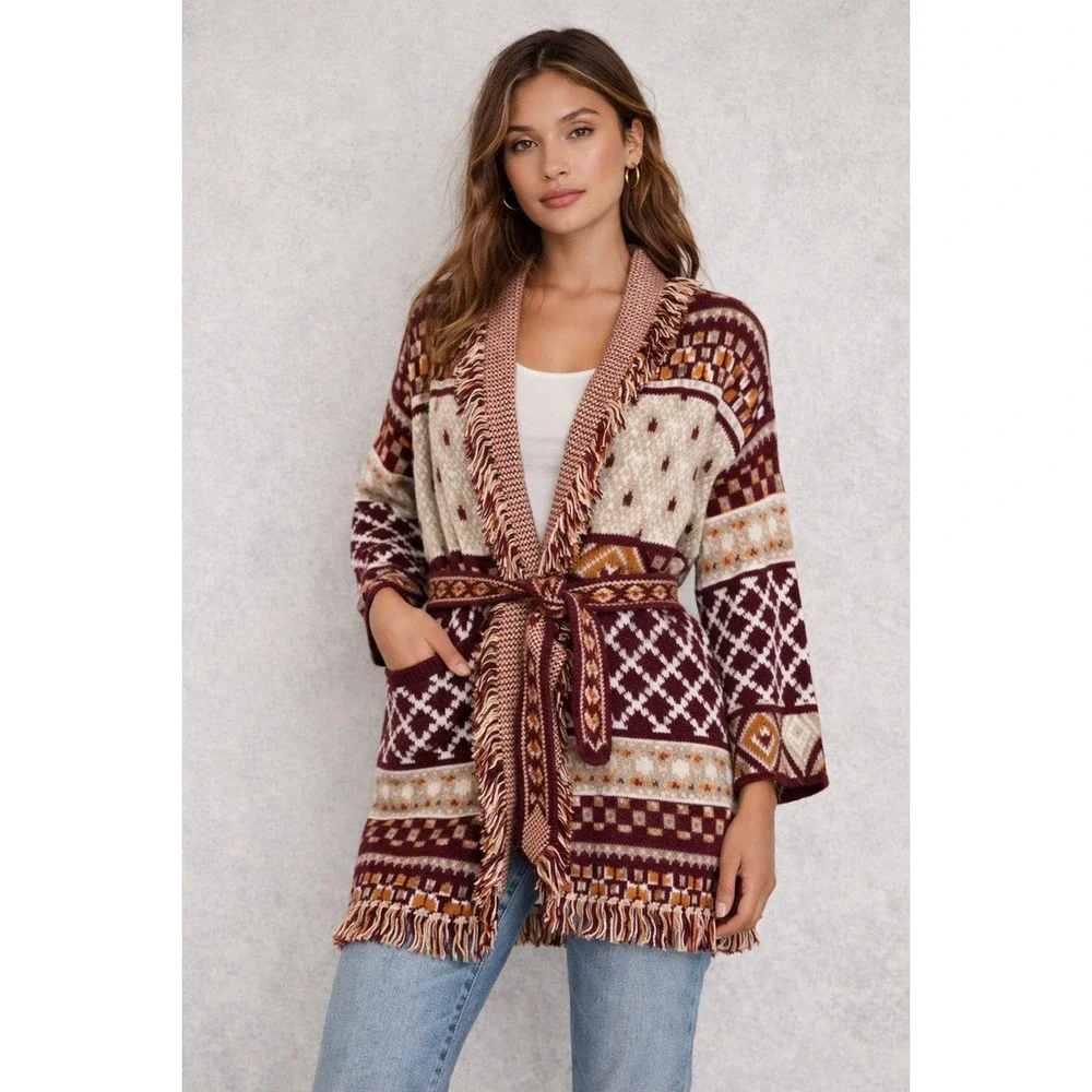 Maxsport Women's Fringe Belted Knit Cardigan Sweater Boho Aztec Print Size‎ S